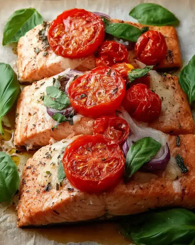 Tomato Basil Salmon 3 Salmon fillets sizzling in a pan with tomatoes and basil.