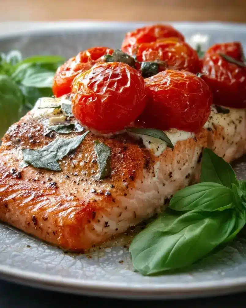 Tomato Basil Salmon 2 Fresh ingredients for Tomato Basil Salmon laid out artistically.