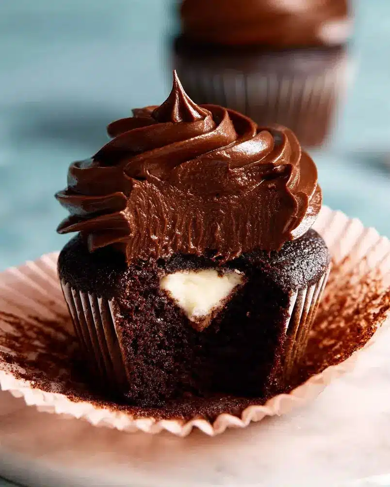Whipped Cream-Filled Chocolate Cupcakes With Chocolate Ganache Frosting 3 A baker is shown piping whipped cream into a chocolate cupcake, with a bowl of ganache nearby and frosting tools visible.