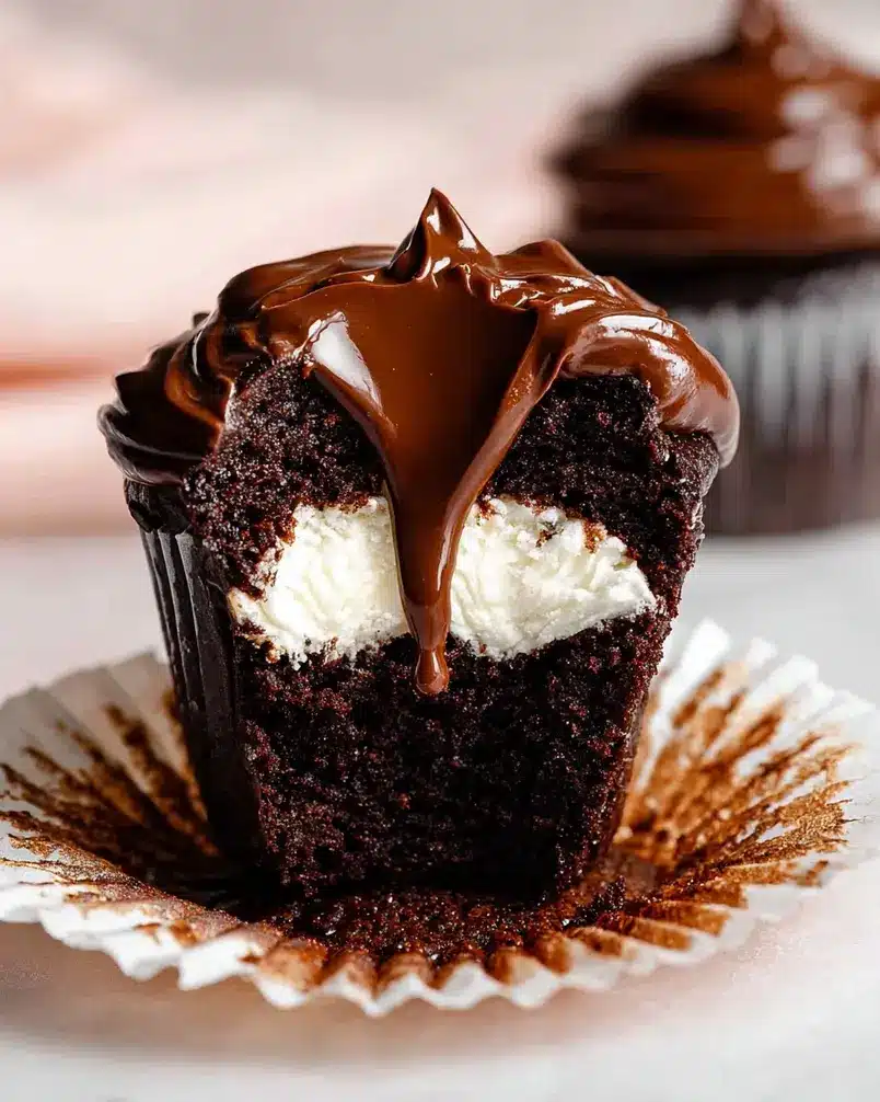 Whipped Cream-Filled Chocolate Cupcakes With Chocolate Ganache Frosting 2 Close-up of ingredients for chocolate cupcakes, including cocoa powder, flour, sugar, eggs, and butter, artfully arranged on a counter.
