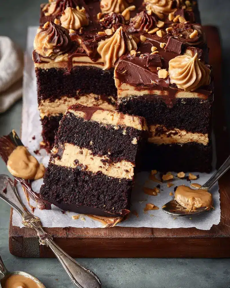 Chocolate Peanut Butter Cake for a crowd 3 Close-up of a baker's hands mixing cake batter in a large bowl, showcasing the smooth, rich texture of the chocolate mixture.
