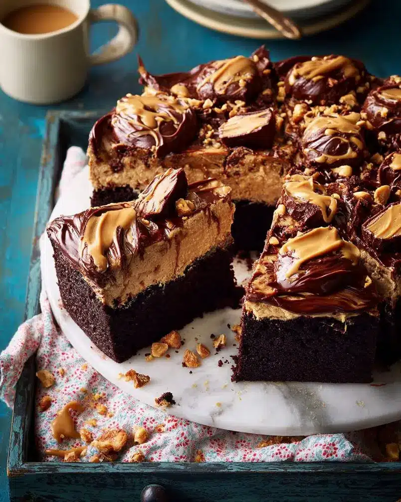 Chocolate Peanut Butter Cake for a crowd 2 Detailed image of chocolate peanut butter cake ingredients neatly arranged for preparation, showcasing flour, cocoa powder, sugar, peanut butter, eggs, and other essential components.