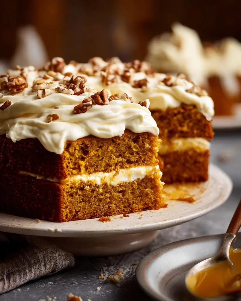 Pumpkin Cake with Cream Cheese Frosting 3 A baker carefully spreading cream cheese frosting over a cooled, two-layered pumpkin cake.