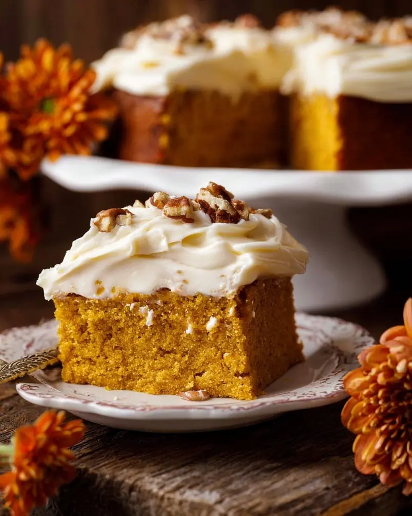 Pumpkin Cake with Cream Cheese Frosting 2 A close-up shot of fluffy pumpkin cake batter being poured into a baking pan, with spices like cinnamon and nutmeg visible in the background.