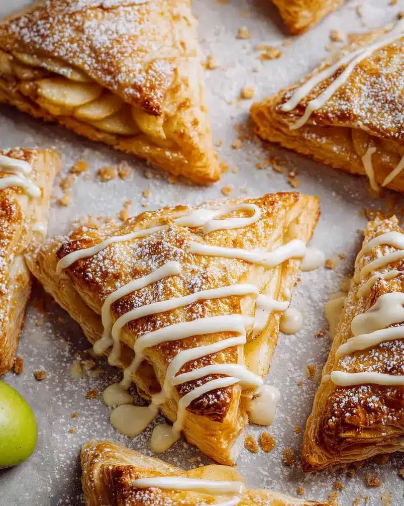 Apple Turnovers – with cream filled option 2 Golden brown apple turnovers cooling on a wire rack, with a dusting of powdered sugar. Some have a dollop of cream on the side.
