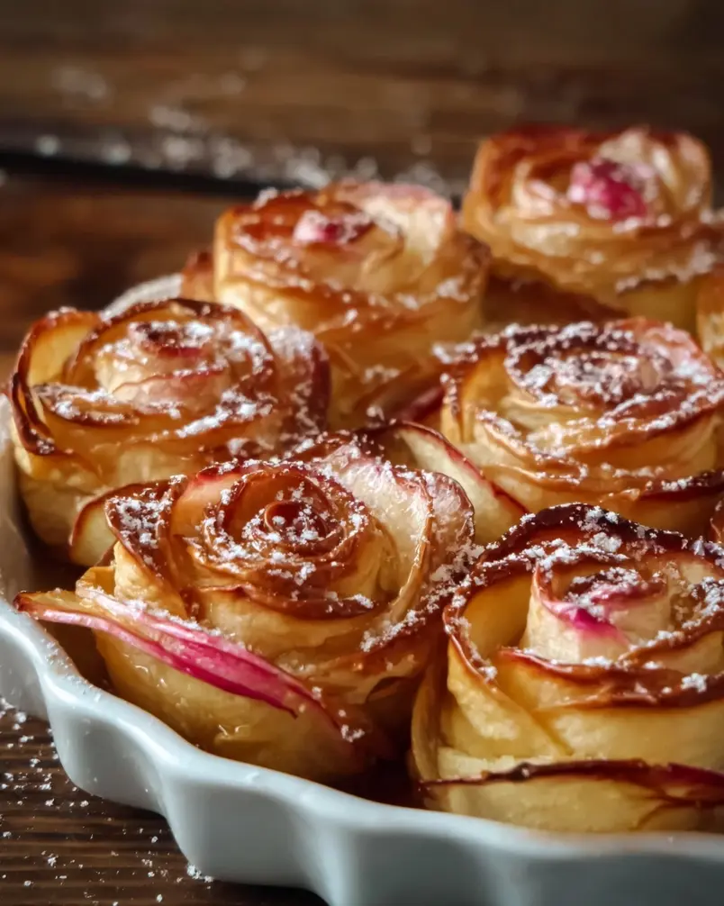 Baked Apple Roses 3 Rows of beautifully formed apple roses baking in a muffin tin, turning golden brown