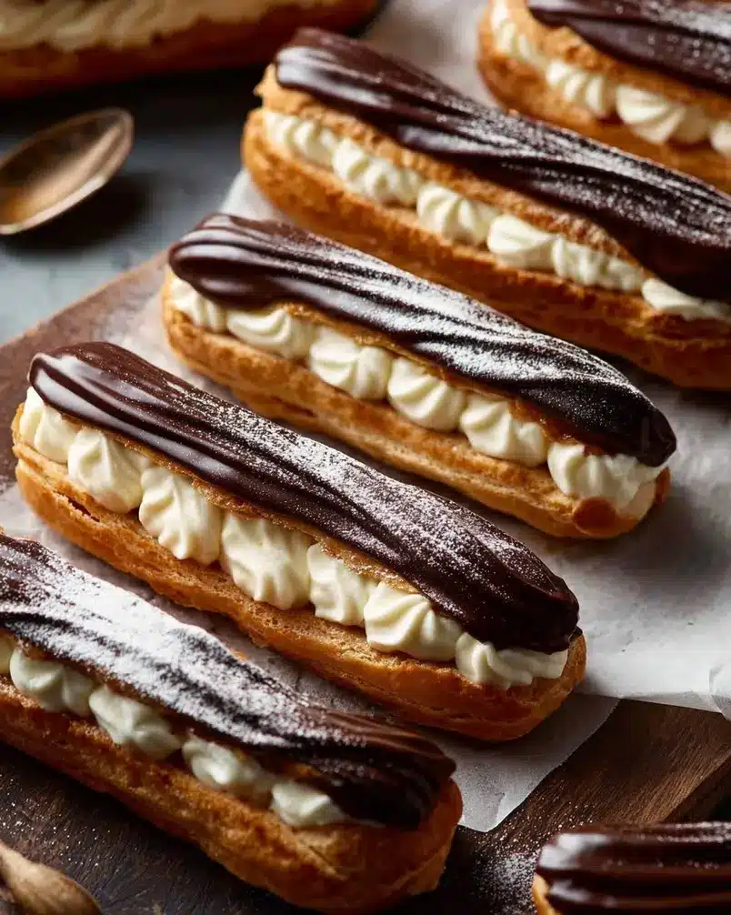 Éclairs 2 Close-up of perfectly piped pâte à choux for éclairs before baking