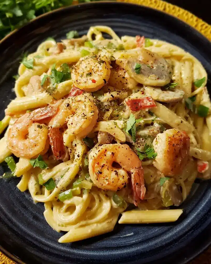 Peppered Shrimp Alfredo 2 Close-up of fresh shrimp being seasoned with black pepper for Peppered Shrimp Alfredo.
