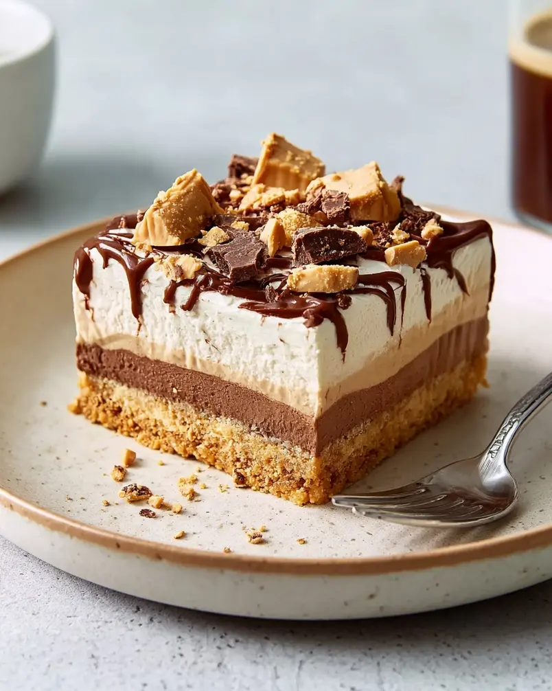 My Chocolate-Peanut Butter Delight Is No-Bake and So Much Easier Than It Looks 3 A visually appealing shot of the dessert being assembled in a baking dish with distinct layers.