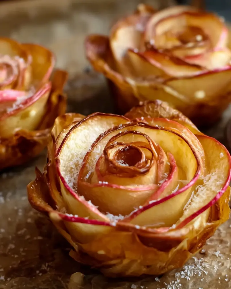 Baked Apple Roses 2 Delicate apple slices being carefully arranged to form the petals of a rose