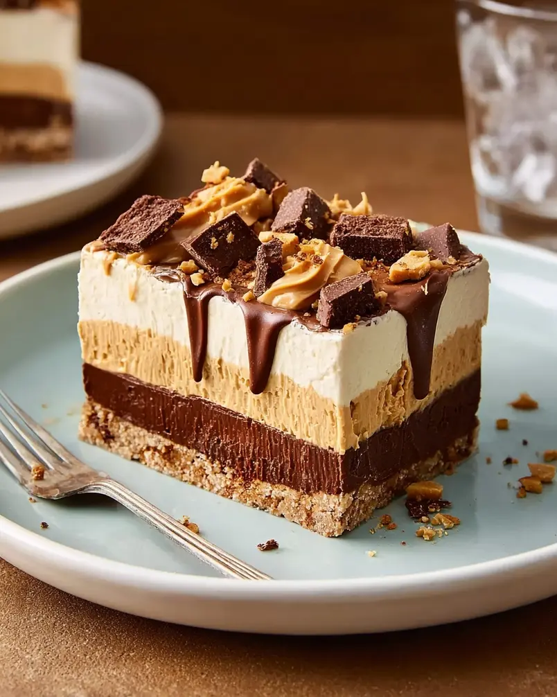 My Chocolate-Peanut Butter Delight Is No-Bake and So Much Easier Than It Looks 2 A tempting close-up shot of the no-bake chocolate-peanut butter delight, showcasing its layers and textures.