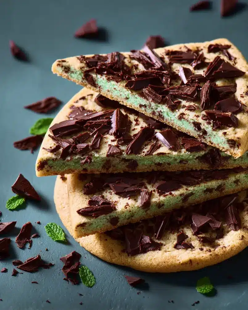 Mint Chocolate Chip Cookies 3 Mint chocolate chip cookies baking on a baking sheet in the oven