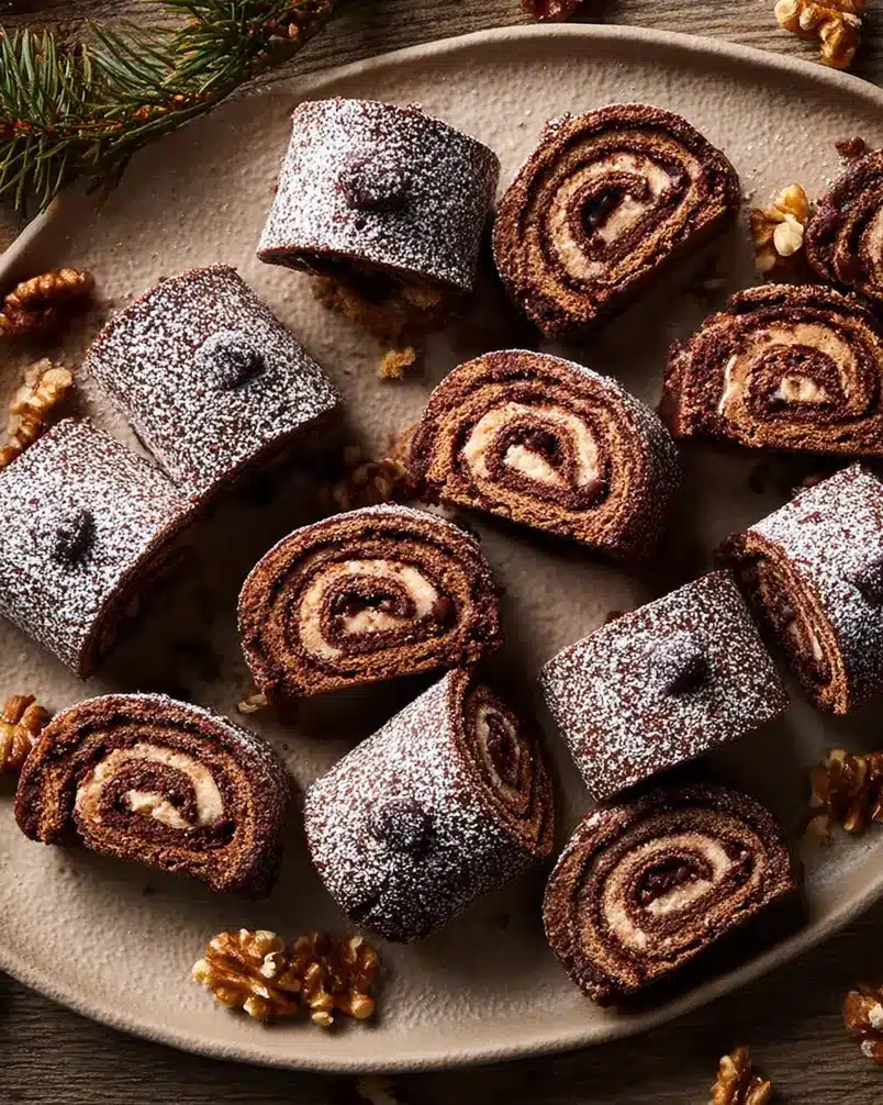 Bûche de Noël Cookies 3 Close-up of Bûche de Noël cookie dough being rolled out and cut into logs