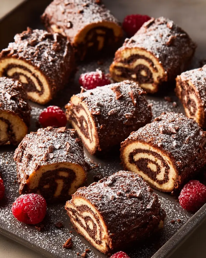 Bûche de Noël Cookies 2 Close-up of Bûche de Noël cookies being assembled and decorated with chocolate ganache and meringue mushrooms