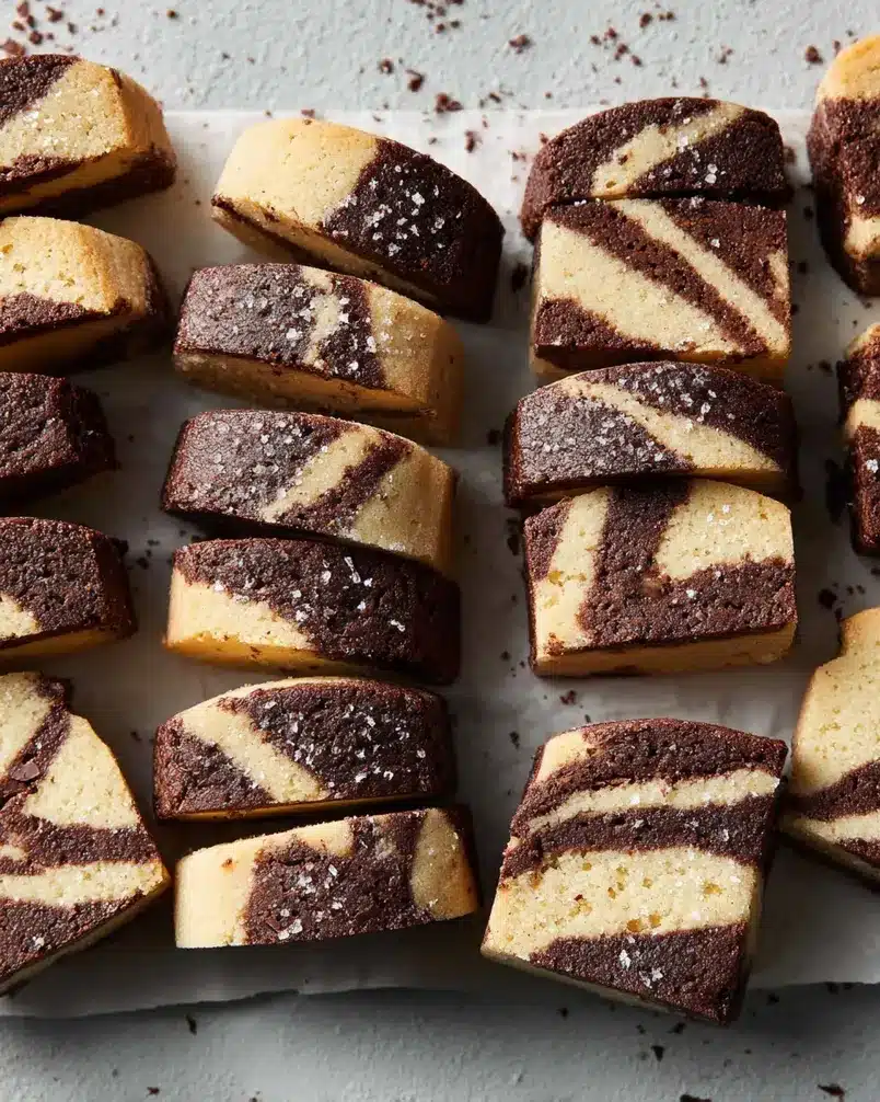 Spiced Chocolate Marble Shortbread 3 Close-up of bakers hands swirling dark chocolate into a pale shortbread dough.
