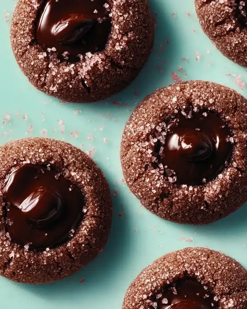 Double-Chocolate Thumbprint Cookies 3 Baking sheet filled with double-chocolate thumbprint cookies in the oven.