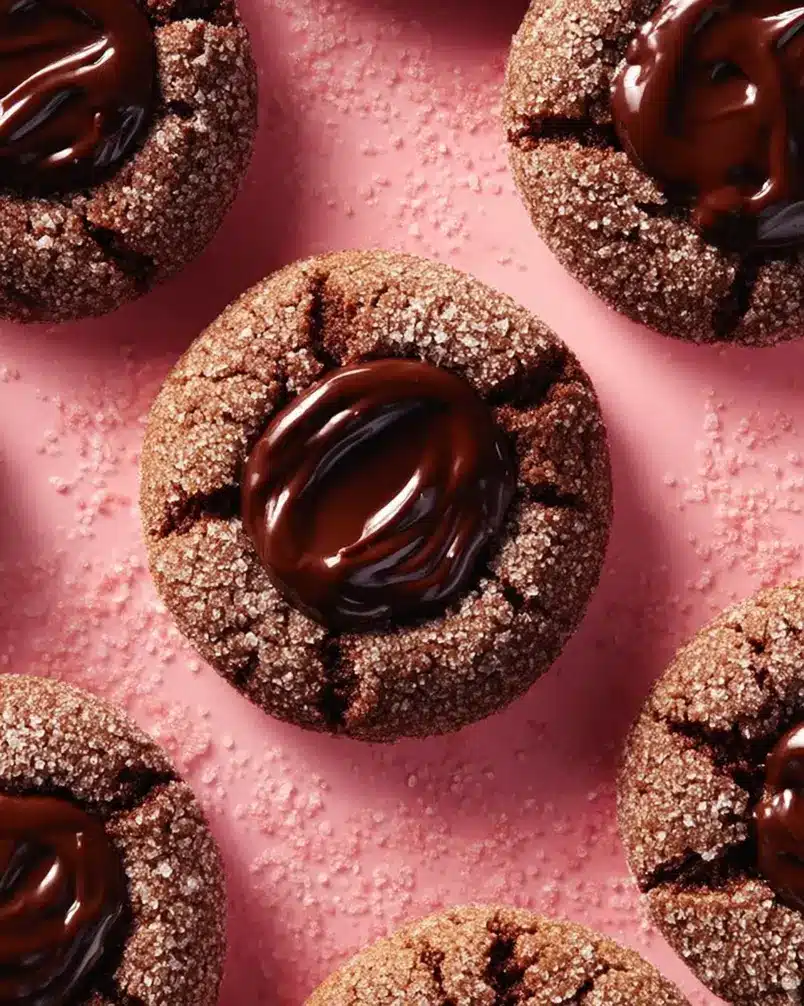 Double-Chocolate Thumbprint Cookies 2 Close-up of double-chocolate thumbprint cookies being prepared, showing dough and chocolate chips.
