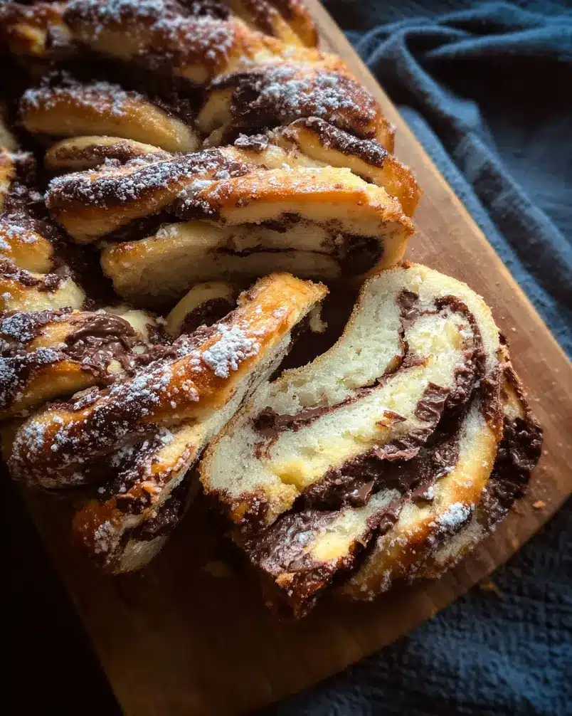 Chocolate Babka 3 Close-up of chocolate babka dough being rolled and filled