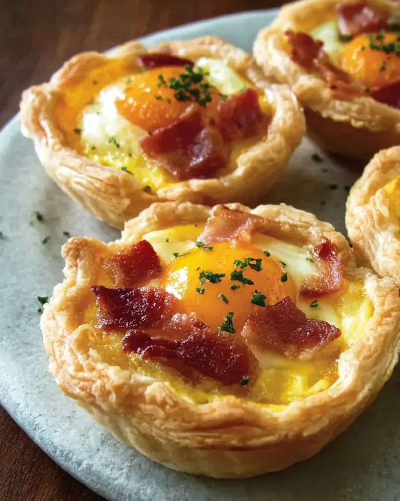 Bacon and Egg Breakfast Tarts 2 Ingredients for Bacon and Egg Breakfast Tarts being prepped, including eggs, bacon, cheese, and pastry dough.