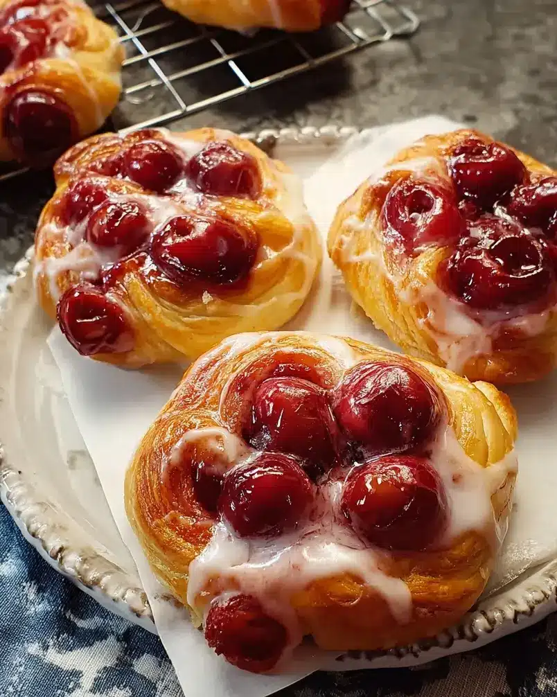 Shortcut Cherry Danish 3 Assembling the shortcut cherry danish layers: cream cheese filling spread on crescent roll dough, topped with cherry mixture.