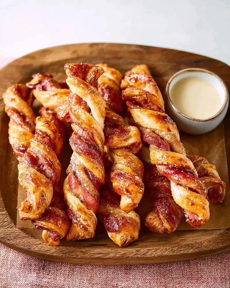Cinnamon Roll Bacon Twists 3 Cinnamon roll bacon twists baking on a wire rack, golden brown and slightly puffed.