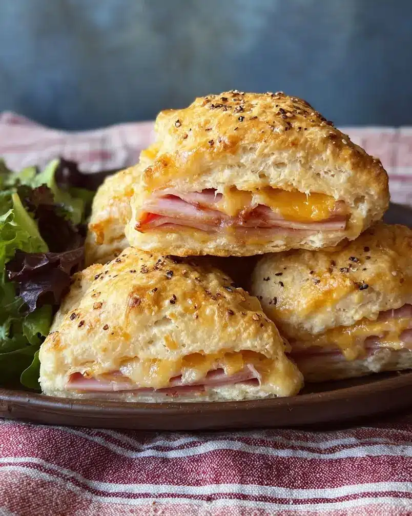 Easy Ham and Cheese Biscuits 3 Baking sheet filled with golden brown ham and cheese biscuits.