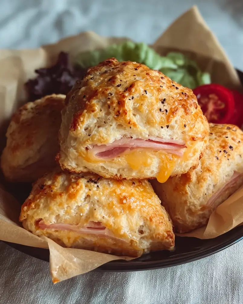 Easy Ham and Cheese Biscuits 2 Hands mixing ingredients for easy ham and cheese biscuits.
