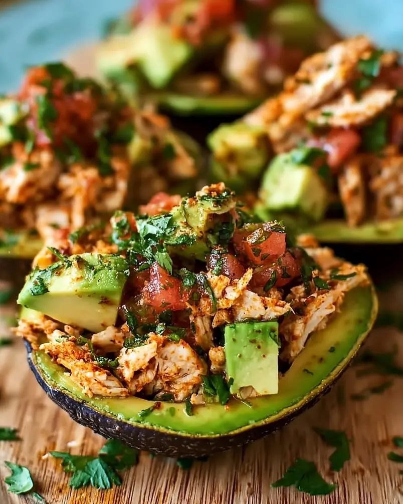 Mexi-Chicken Avocado Cups 3 Assembling the Mexi-Chicken Avocado Cups with colorful ingredients