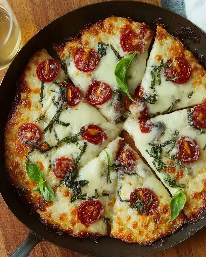 Cheesy-Crust Skillet Pizza 3 Pizza cooking in a cast iron skillet on a stovetop