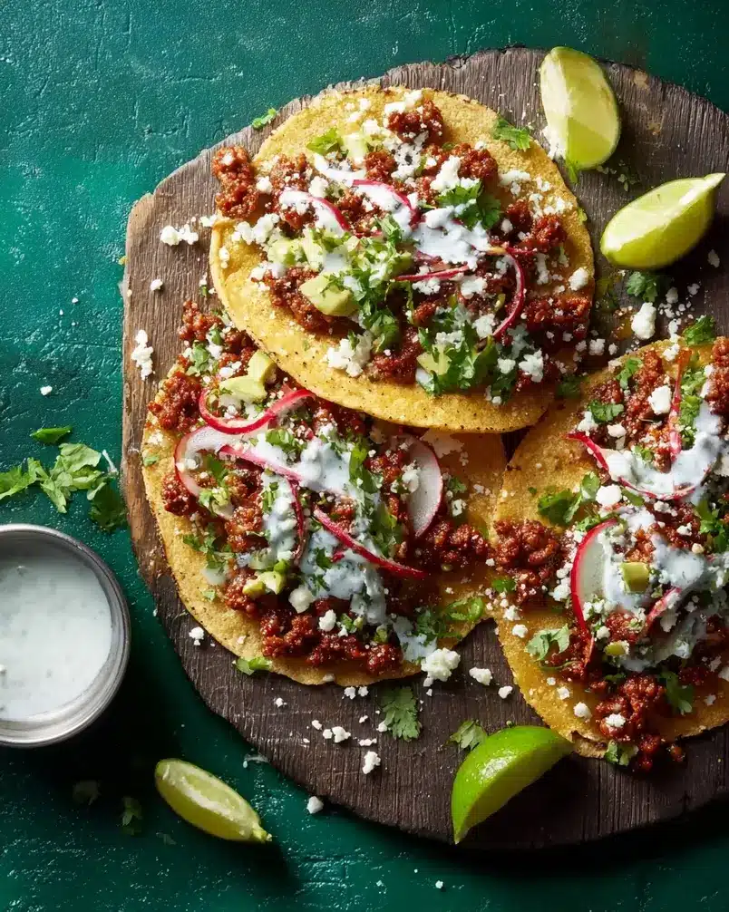 Easy Chorizo Street Tacos 3 Chorizo cooking in a skillet, with onions and spices, being stirred by a spatula.