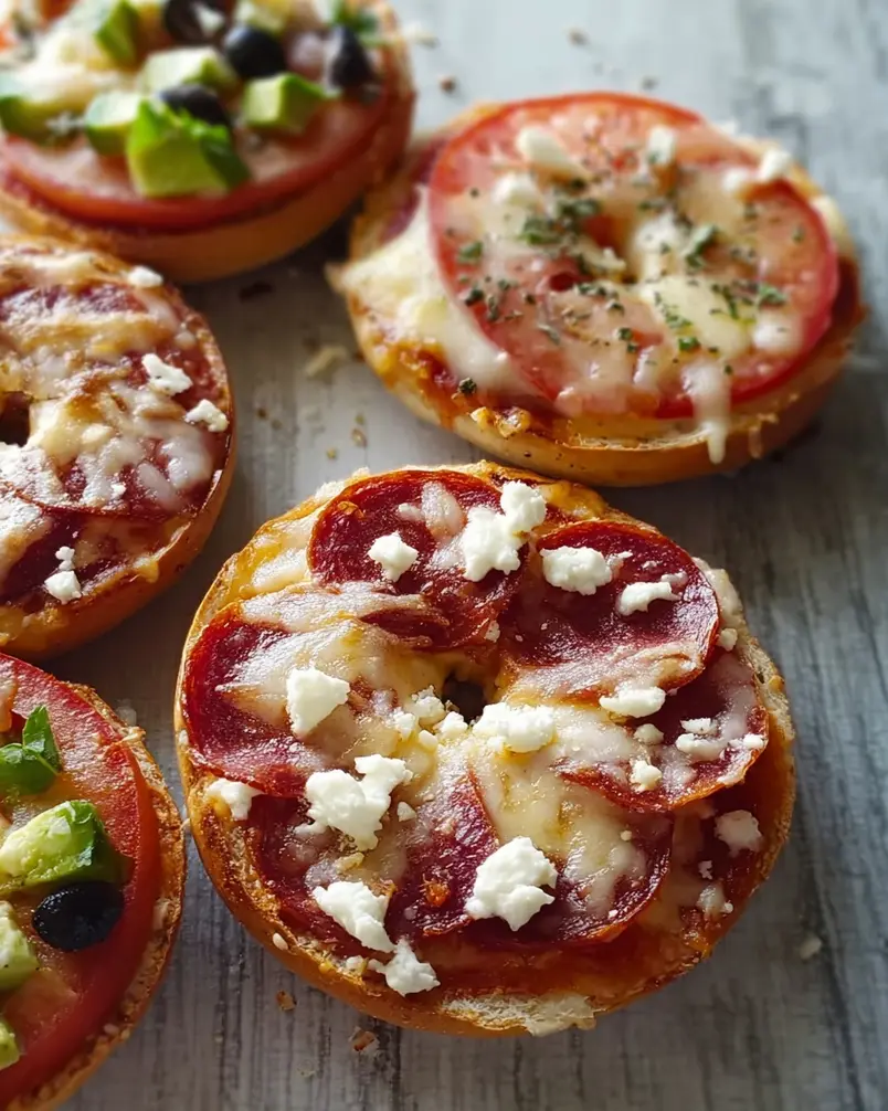 Easy Mini Bagel Pizzas 3 Mini bagel pizzas baking in the oven, cheese bubbling