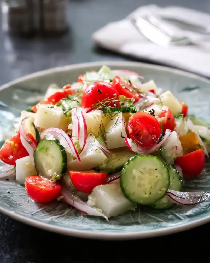 Summer Cucumber Jicama Salad 3 Ingredients for Summer Cucumber Jicama Salad being mixed in a bowl