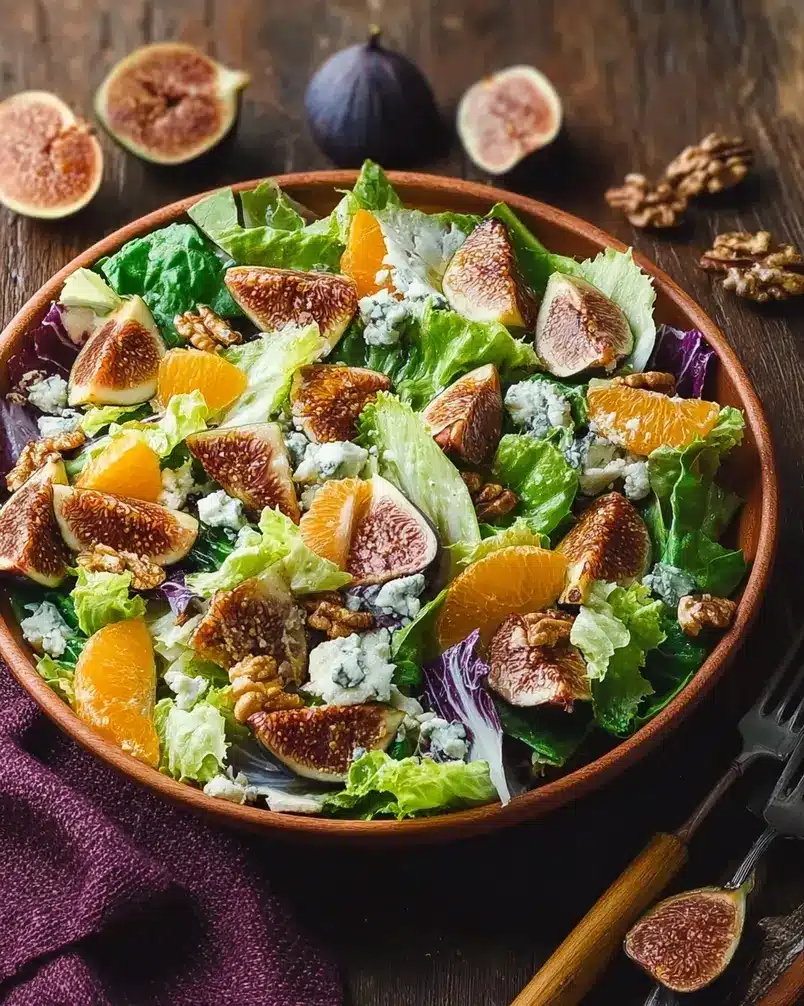 Orange, Fig, and Gorgonzola Salad 3 Close-up of an orange, fig, and gorgonzola salad being tossed with vinaigrette