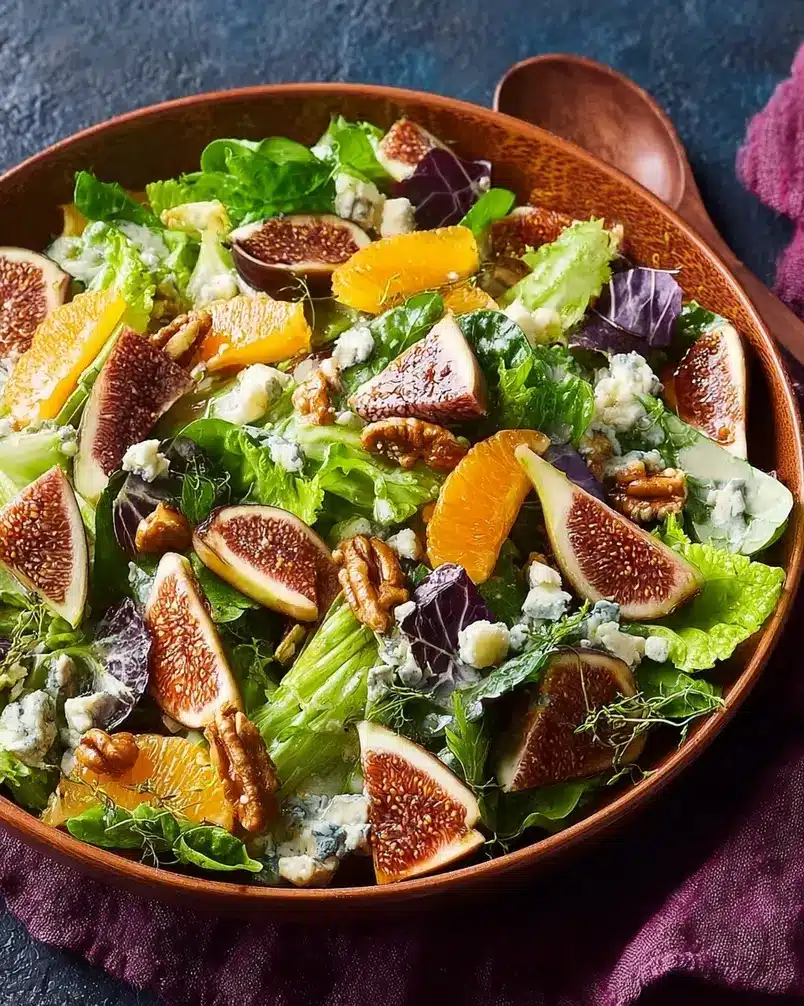 Orange, Fig, and Gorgonzola Salad 2 A vibrant orange, fig, and gorgonzola salad being prepared with fresh ingredients