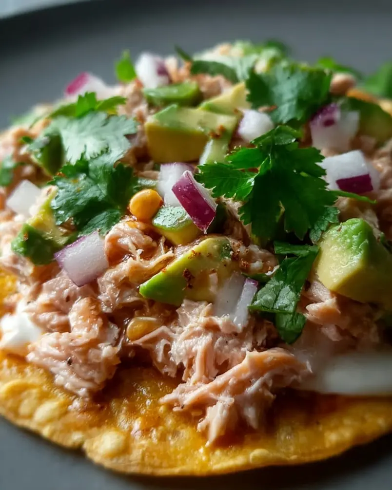 Tuna Tostadas 3 Close-up of a finished tuna tostada, showcasing the vibrant colors of the avocado and cilantro mixture on a crispy tostada shell.