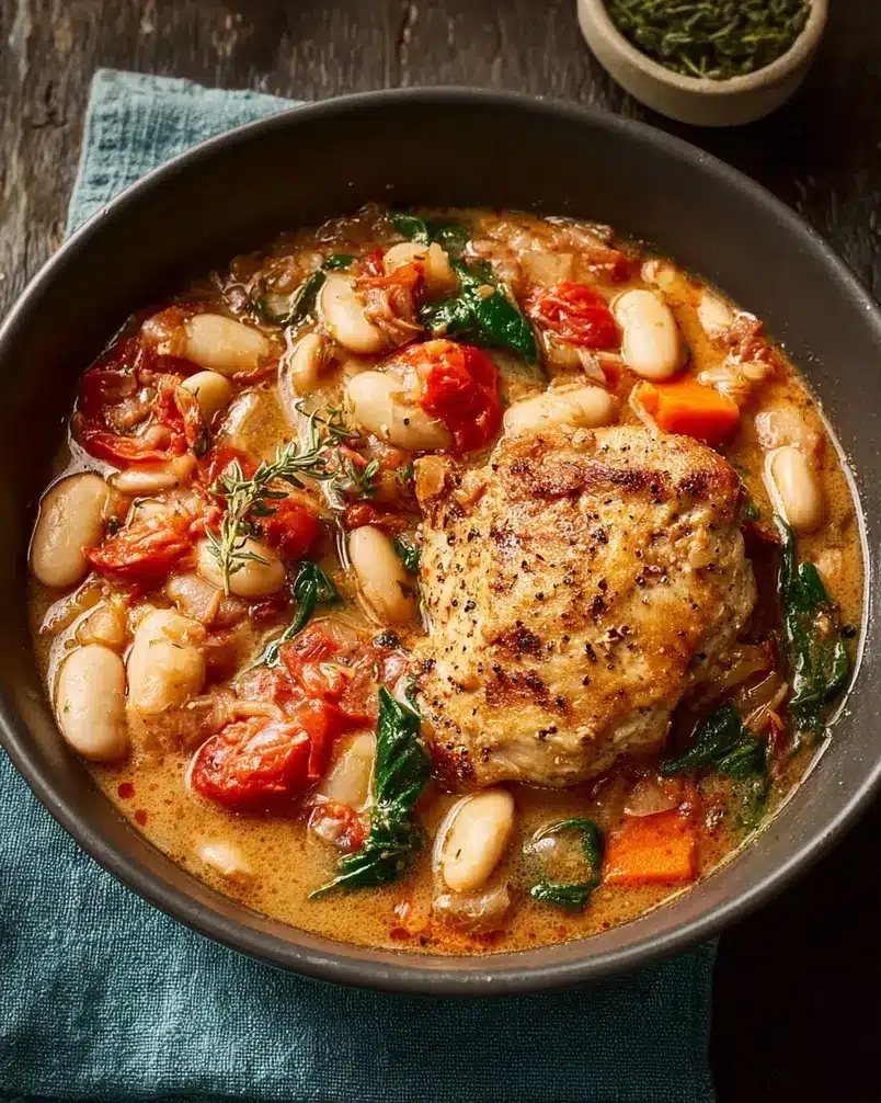 Skillet Chicken and White Bean Stew 3 Chicken pieces being browned in a cast-iron skillet with vegetables