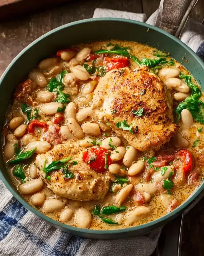 Skillet Chicken and White Bean Stew 2 Ingredients for Skillet Chicken and White Bean Stew being prepped on a wooden cutting board