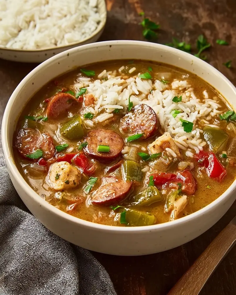 Chicken and Andouille Gumbo 3 Chicken and Andouille Gumbo simmering in a Dutch oven, with steam rising.