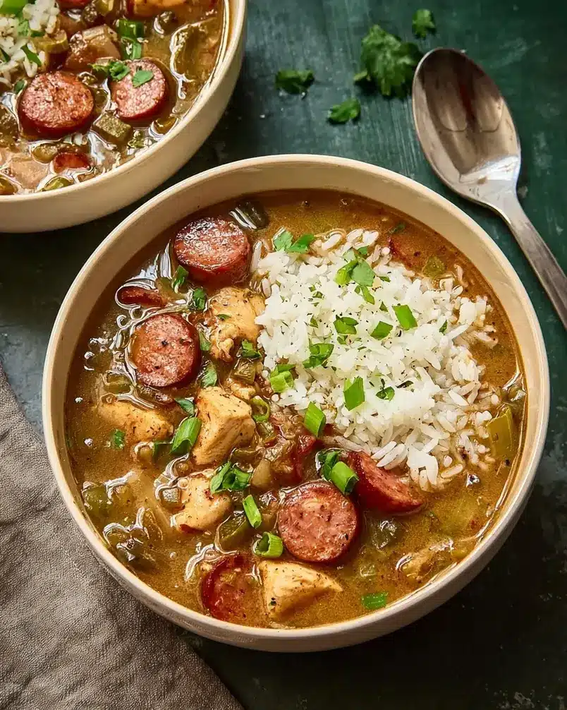 Chicken and Andouille Gumbo 2 Gumbo ingredients being prepped: chopped chicken, sliced andouille sausage, bell peppers, onions, and garlic laid out on a cutting board.