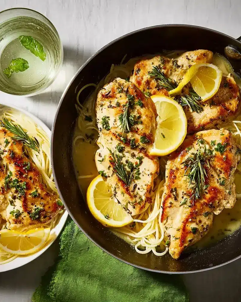 Simple Lemon Herb Chicken 3 Chicken breasts sizzling in a pan with lemon slices and herbs