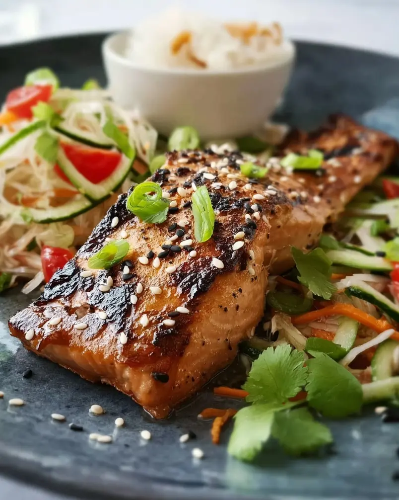 Sesame Grilled Salmon 3 Salmon fillet sizzling on a grill for sesame grilled salmon