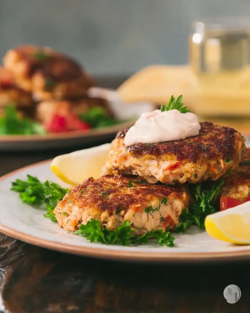 Grandma's Famous Salmon Cakes 3 Golden brown salmon cakes sizzling in a cast-iron skillet.