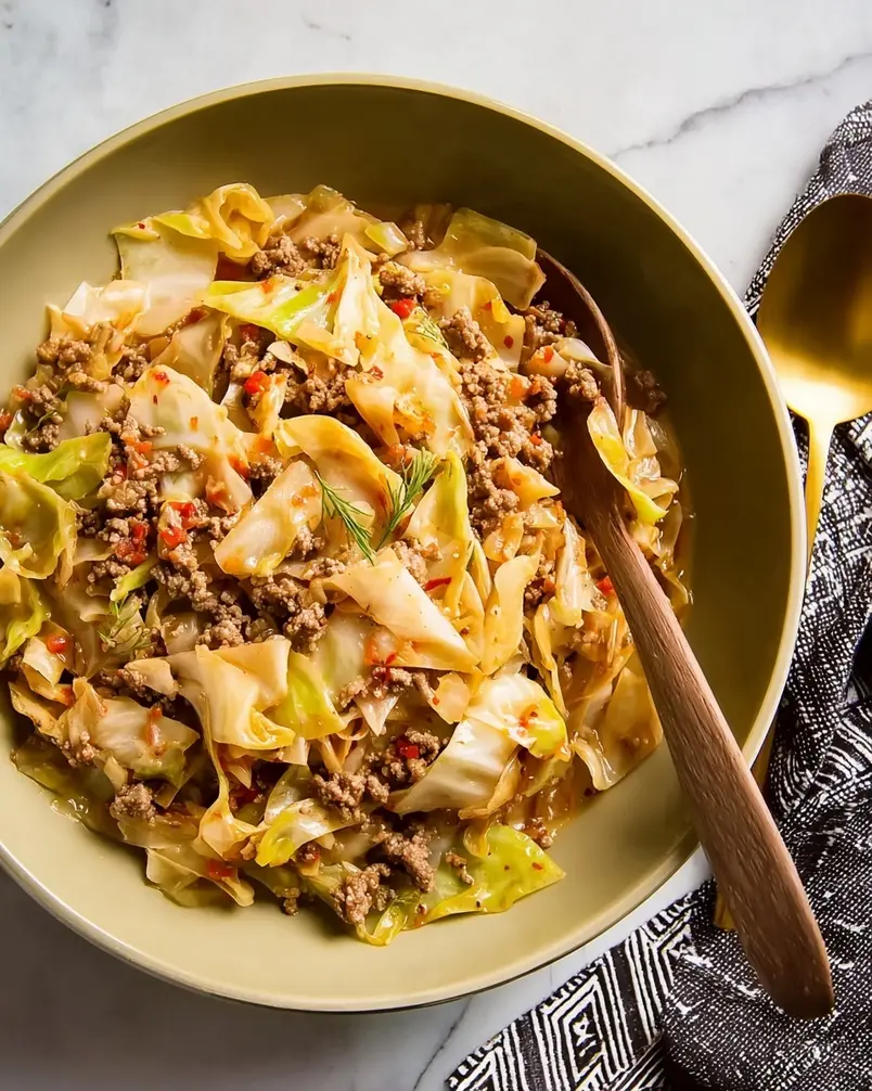 Ground Beef and Cabbage 3 Ground beef and cabbage skillet cooking on the stovetop, steam rising