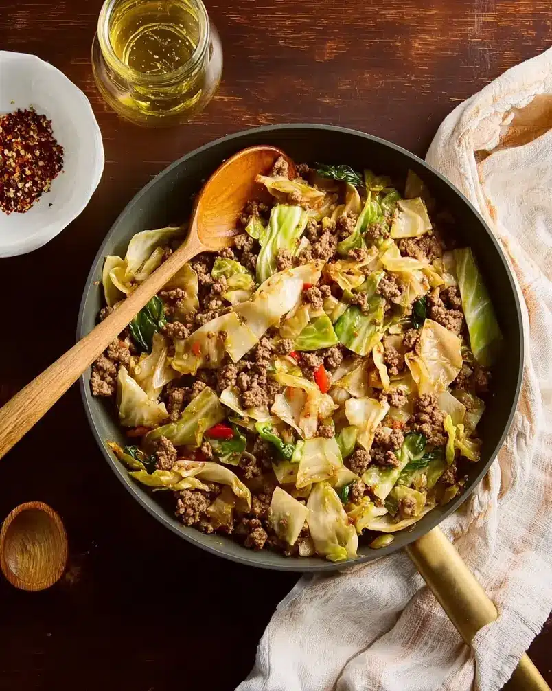 Ground Beef and Cabbage 2 Ground beef and cabbage being prepped for cooking, showcasing fresh ingredients
