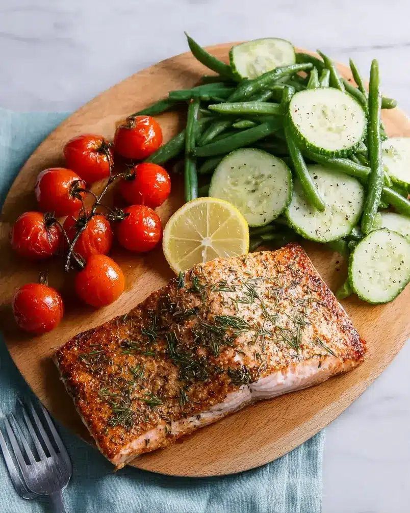 Easy 5-Ingredient Salmon 3 Salmon fillets baking in a pan with lemon slices