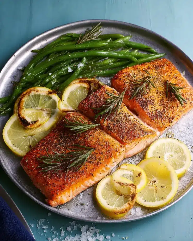 Easy 5-Ingredient Salmon 2 Fresh salmon fillets being seasoned with herbs