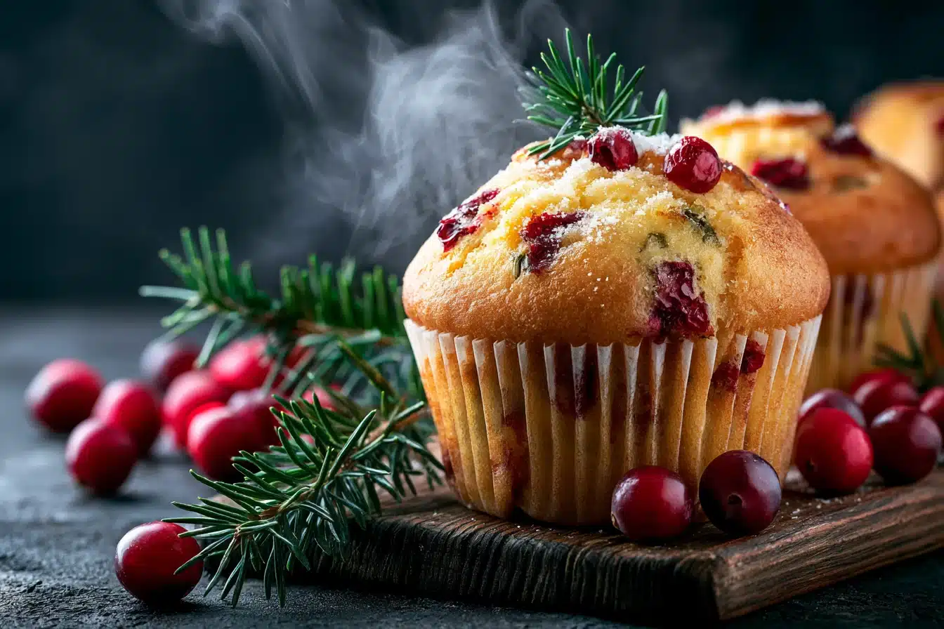Cranberry Orange Muffins 2 Freshly baked Cranberry Orange Muffins with a golden top and juicy cranberries peeking through