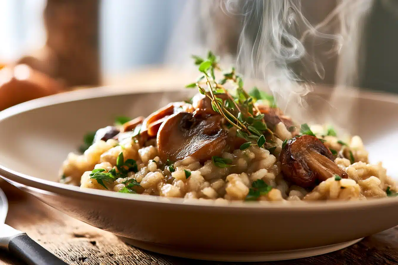 Creamy Mushroom Risotto 2 Creamy Mushroom Risotto in a white bowl garnished with parsley