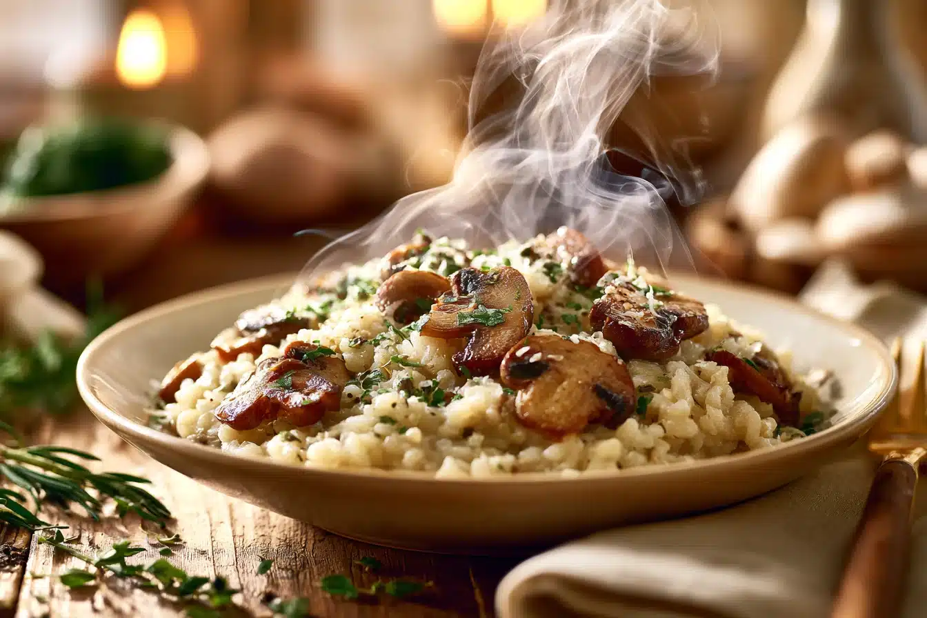 Creamy Mushroom Risotto 3 Sautéed mushrooms and onions in a pan for Creamy Mushroom Risotto