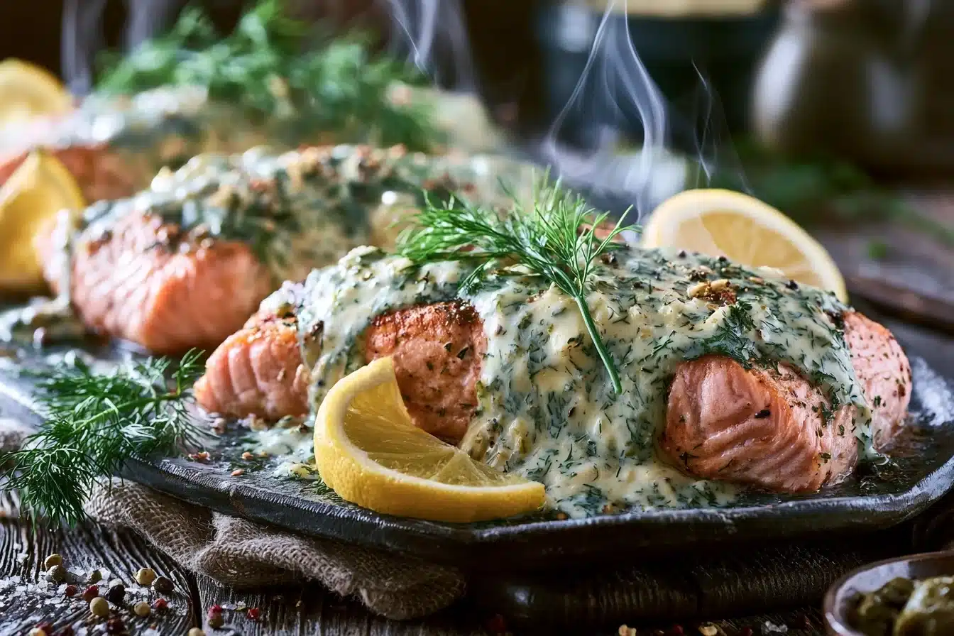 Creamy Garlic Dill Salmon Recipe 2 Delicious Creamy Garlic Dill Salmon Recipe served on a plate